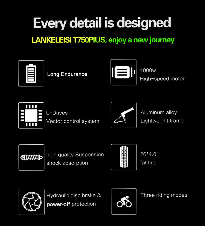 XT750Plus 1000W Powerful Electric Fat Tire Bike, 5 Poziom Pedal Assist, 48V 14,5A/17.5A. Duża Bateria Capacity Lithium przyjmuje zwodzenie podwójnego ramienia