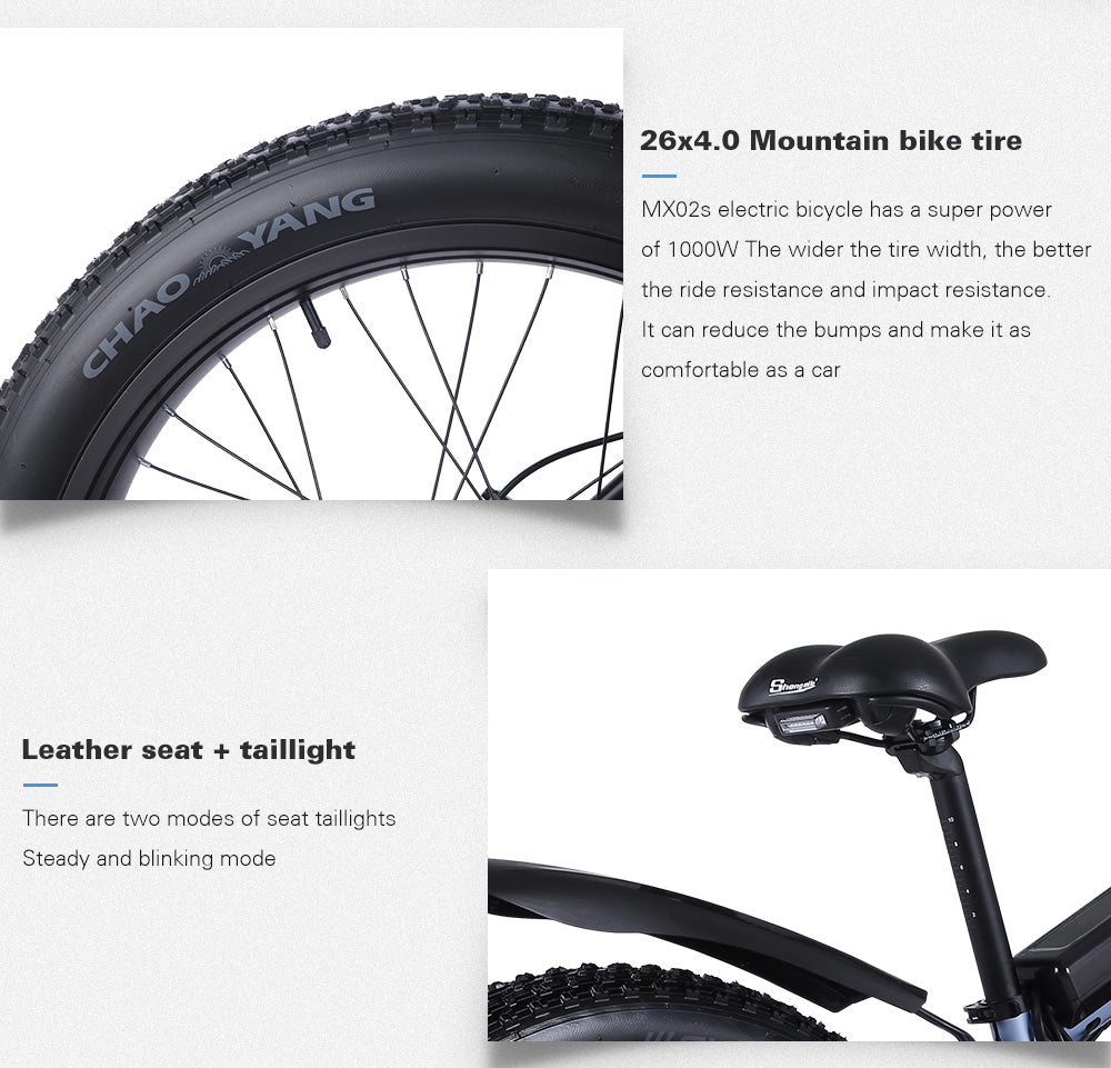 Shengmilo MX02S 26 pouces Vélo électrique 1000W Mens Mountain Bike Snow Bike 48V17Ah Lithium Battery 4.0 Fat Tire E-bike Hydraulic Disc Brake