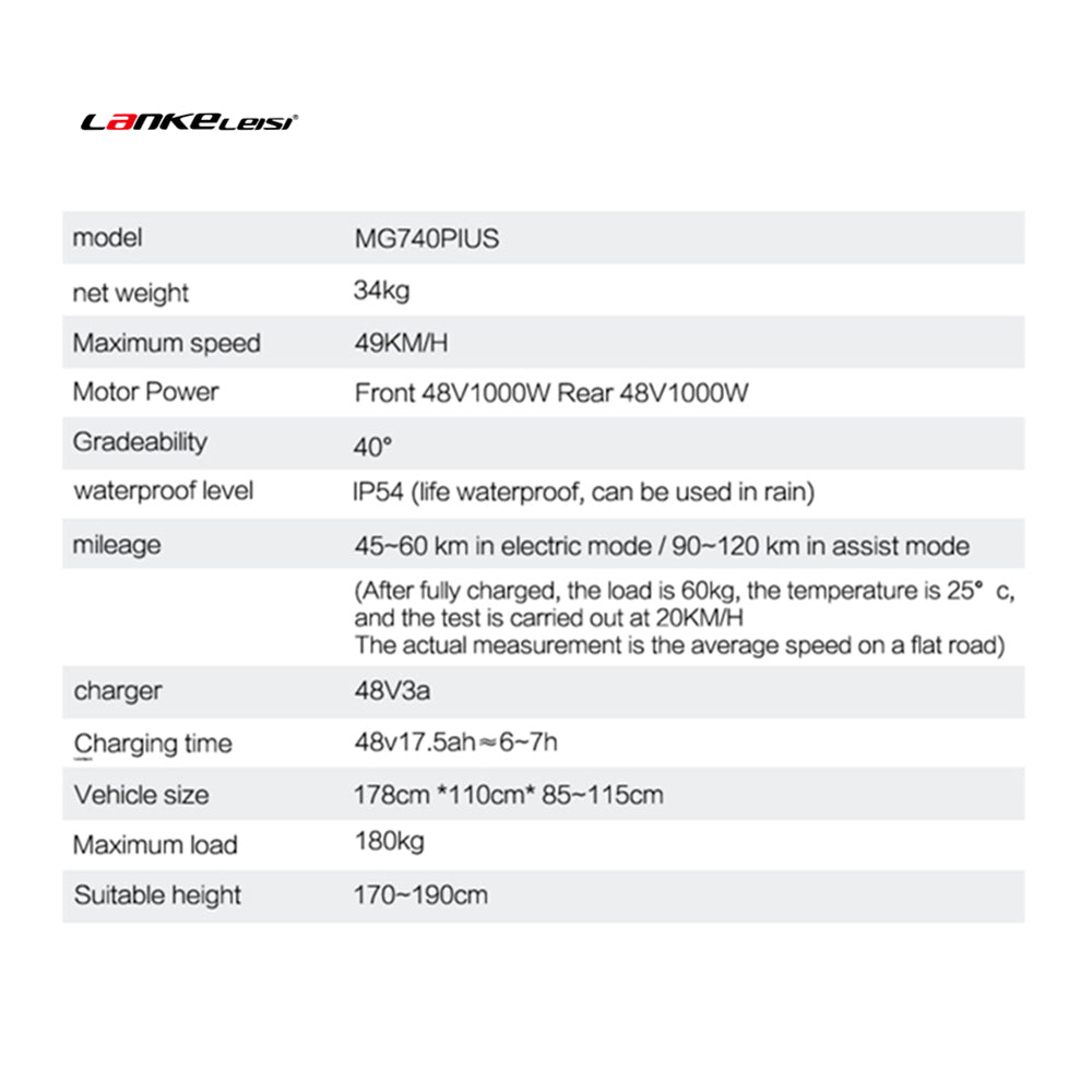 MG740 Plus 26 Inch Dual Motor Electric Bike, 48V 20Ah Battery,Front & Rear Hydraulic Brakes,Hydraulic Suspension Front Fork