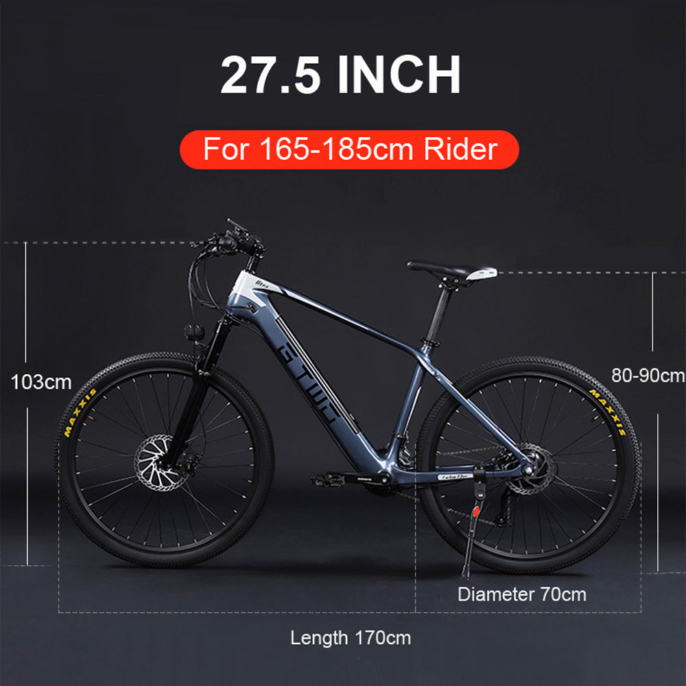 Bicicletă electrică din fibră de carbon de 27,5 inci, motor adpopt de 350 W / 500 W, furcă față cu amortizor de aer, bicicletă de munte cu 27 viteze